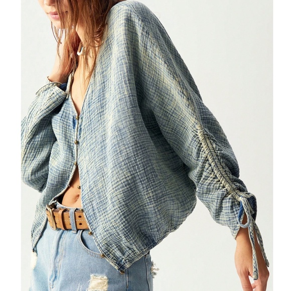 Tops - Boho Vintage Wash Blue Button Down Oversized Top